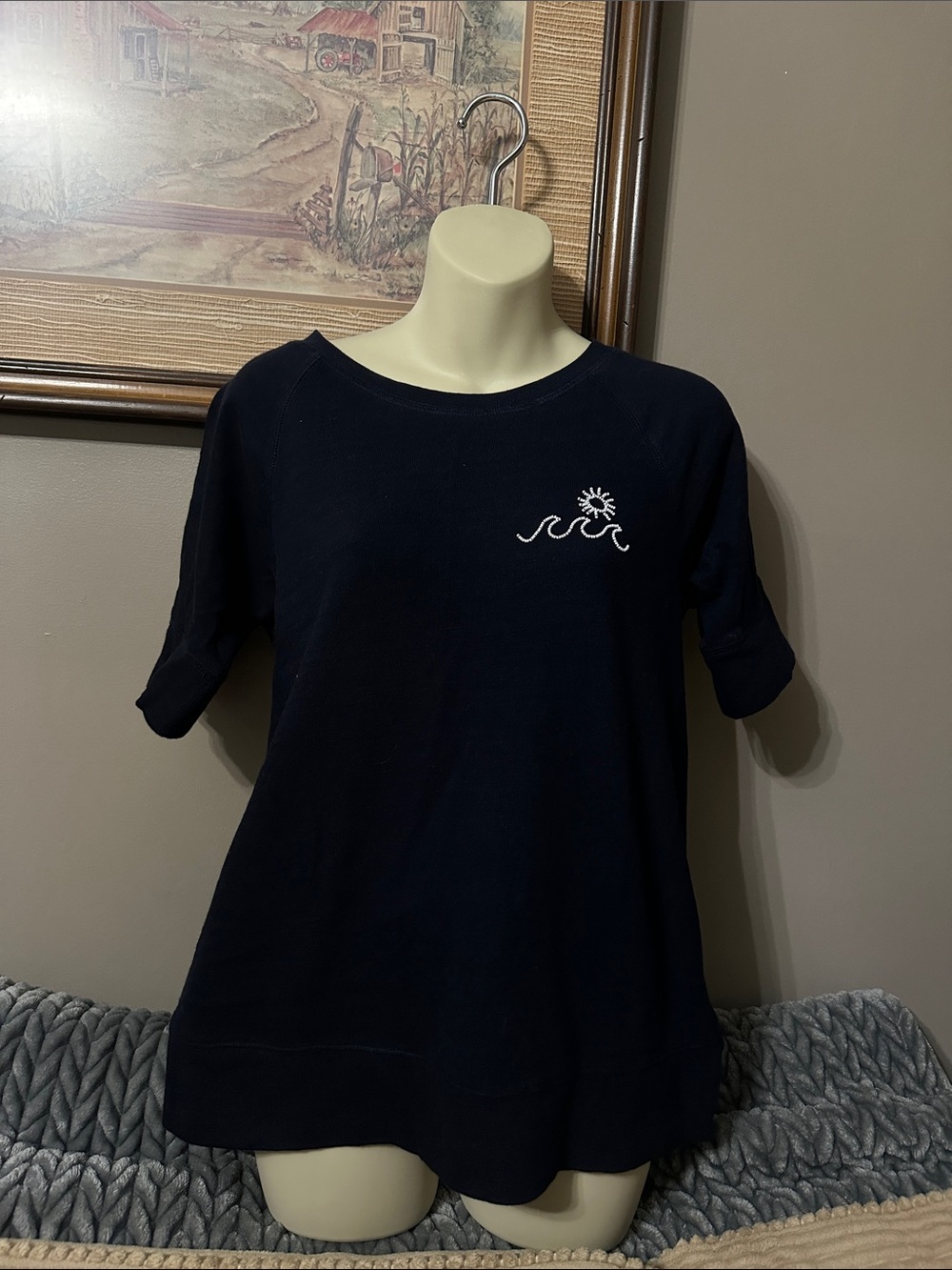 LOFT Dark Blue Tee with Beaded Sun and Wave Design small